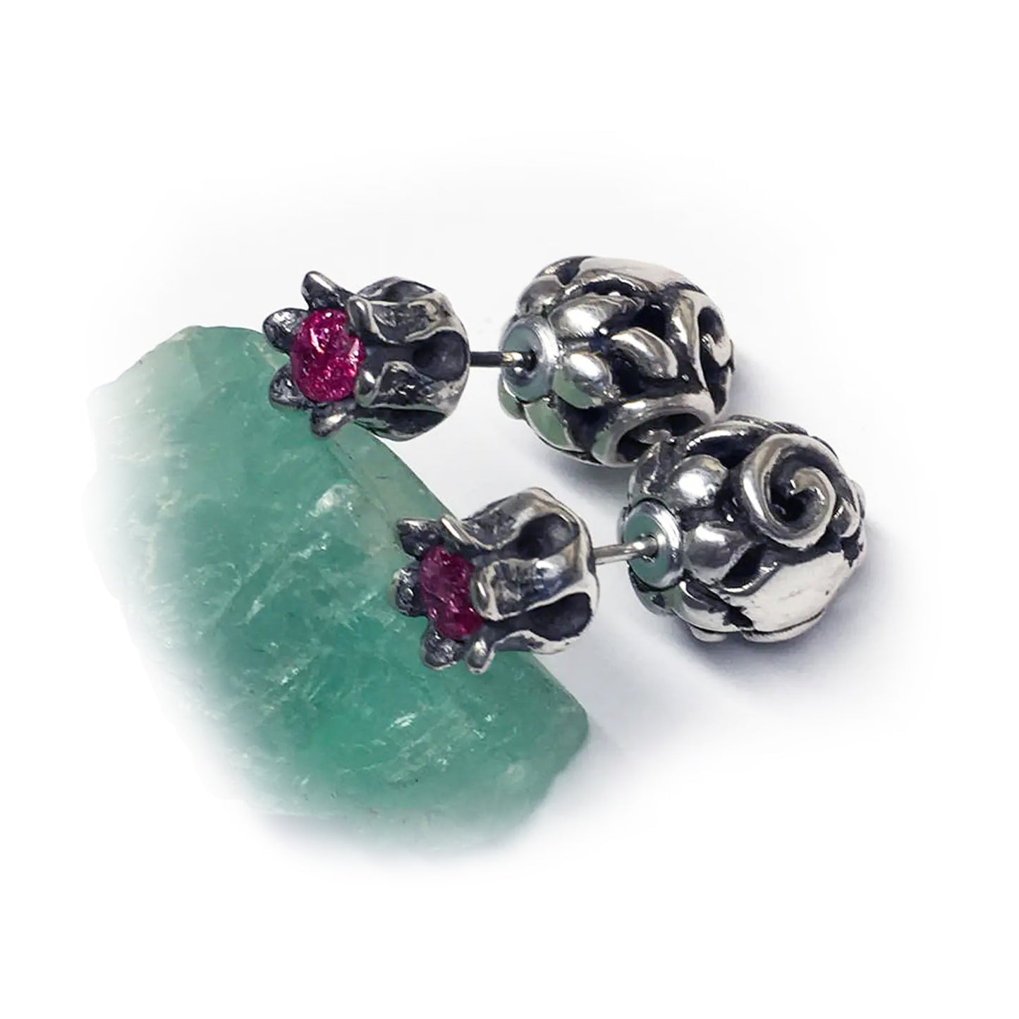 Tribal Pomegranate Sterling Silver Earring with Red Stones