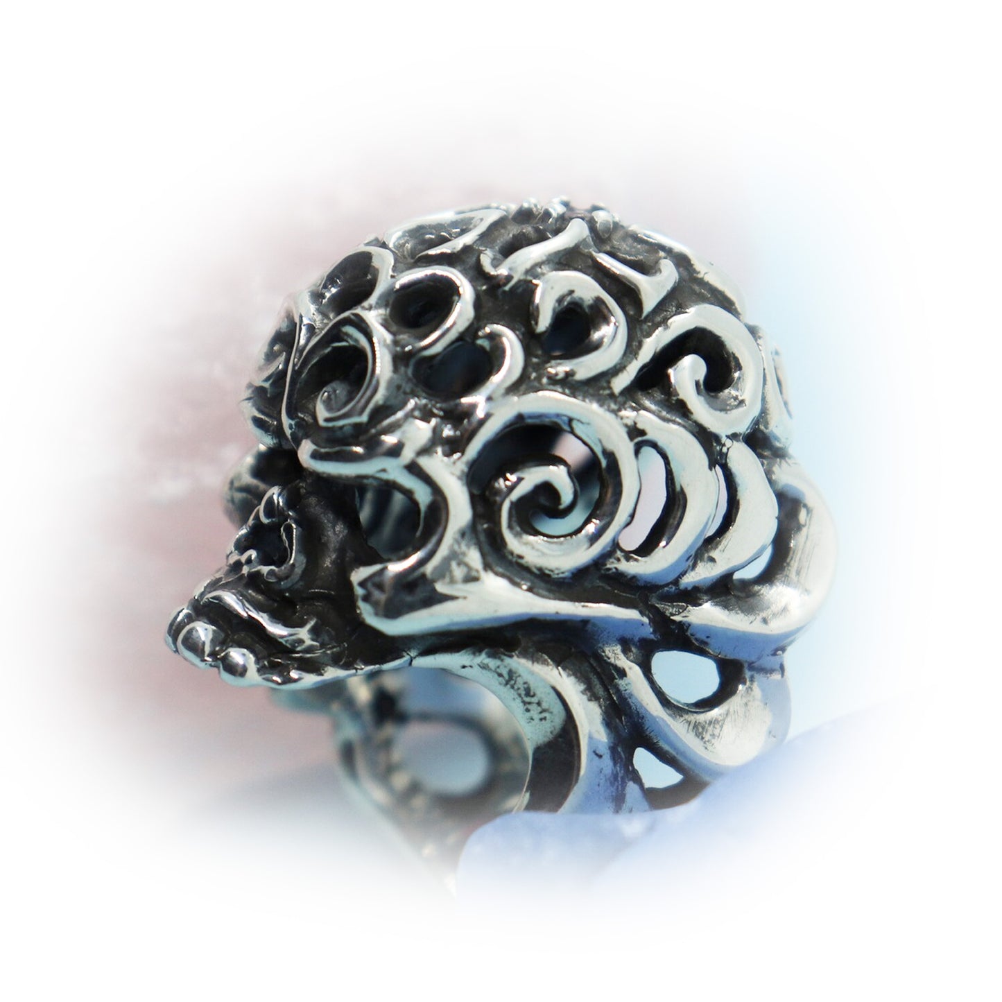 Tribal Skull Sterling Silver Ring with Ruby