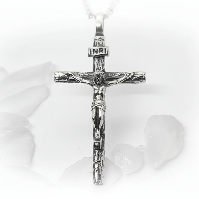 Wooden Texture Cross with Jesus Christ Sterling Silver Pendant with Rubies