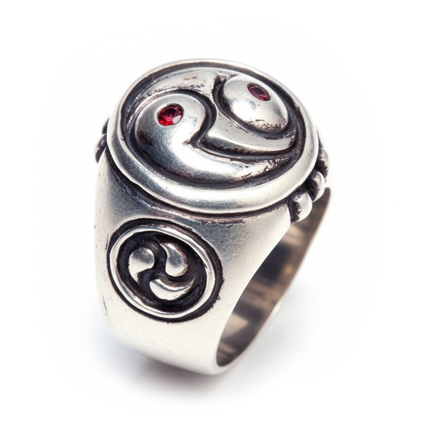 Yin Yang with Black and Red Stones Sterling Silver Ring V1