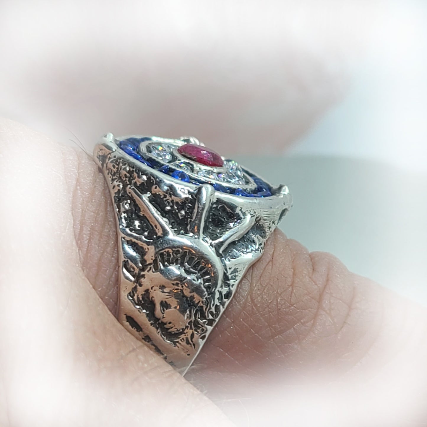 American Sterling Silver Ring with Flag Color CZ Stones
