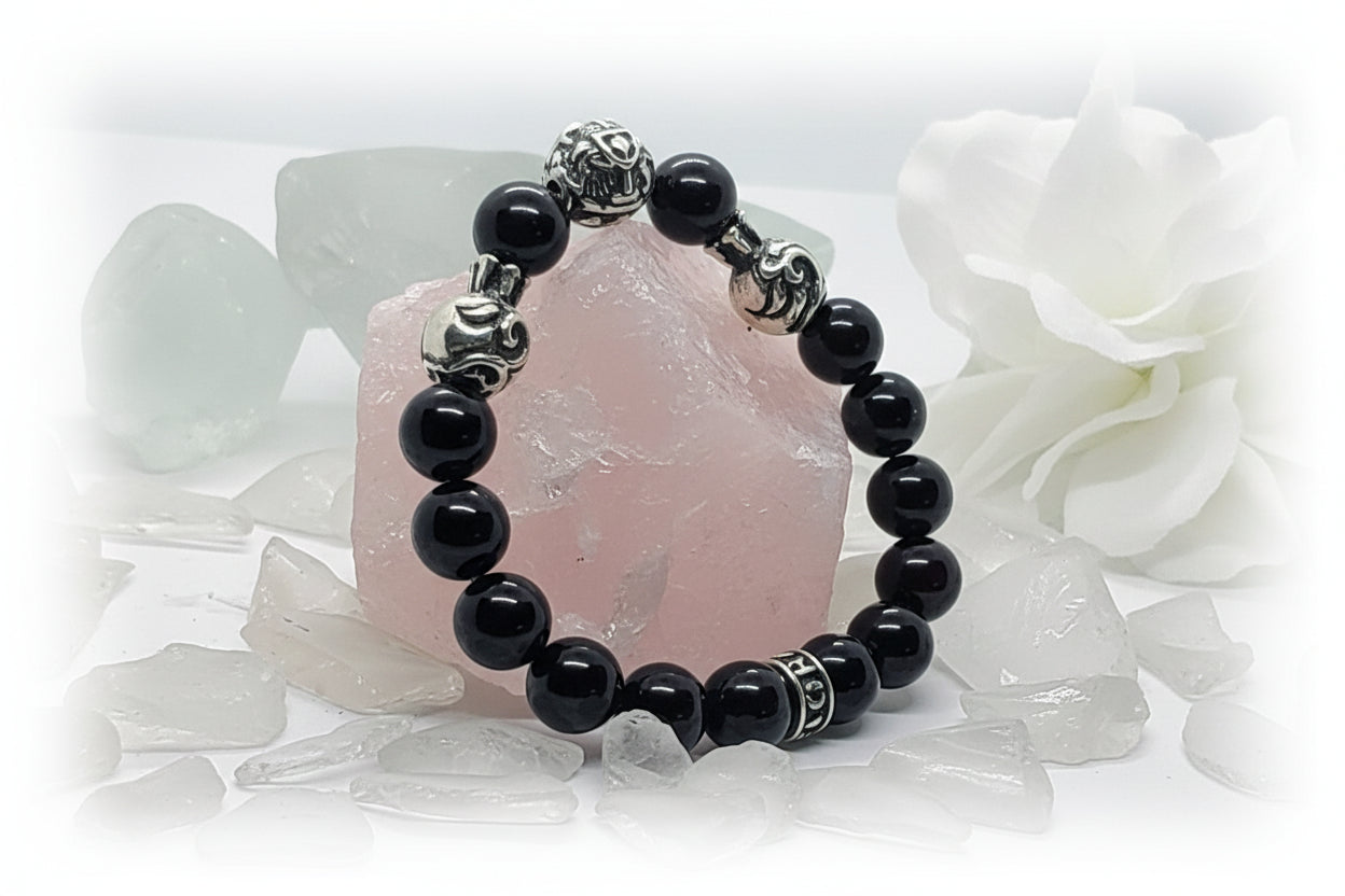 Armenian Coat of Arms and Two Pomegranates Silver Beads and Garnet Stone Beads Bracelet