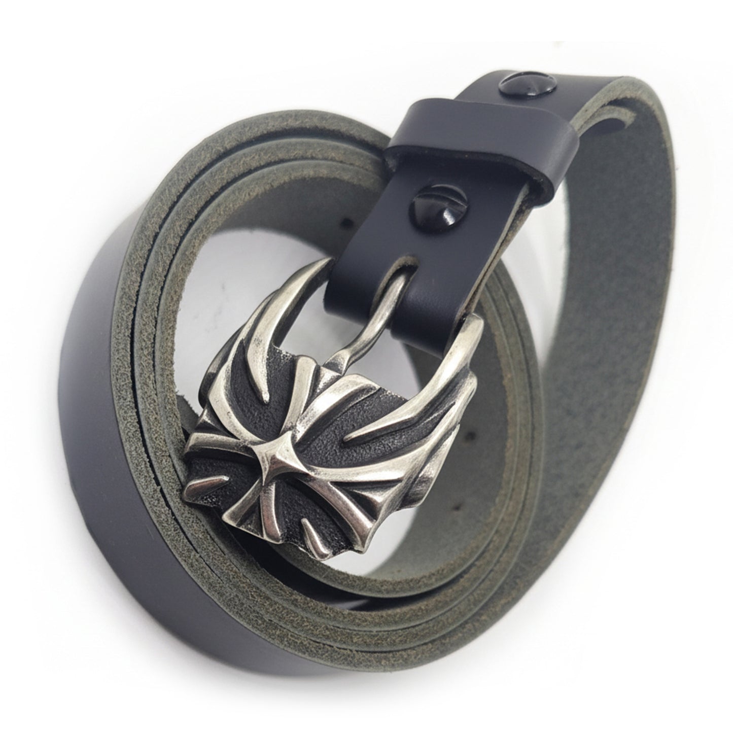 Cross Desing Sterling Silver Belt Buckle with Genuine Leather For 1inch Belt