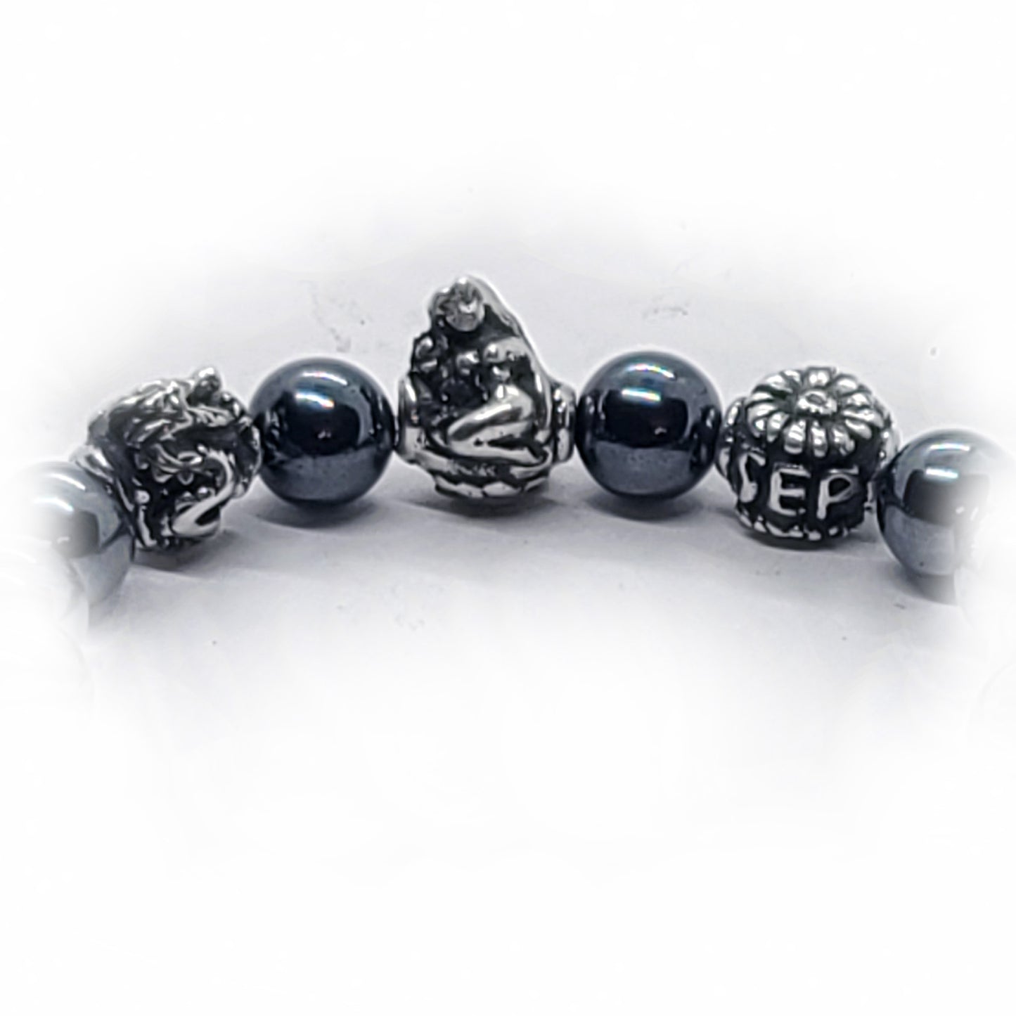 Dragon Birth Year Zodiac, Birth Months, Birth Month Flower Silver Hematite and Black Onyx Beads Bracelet