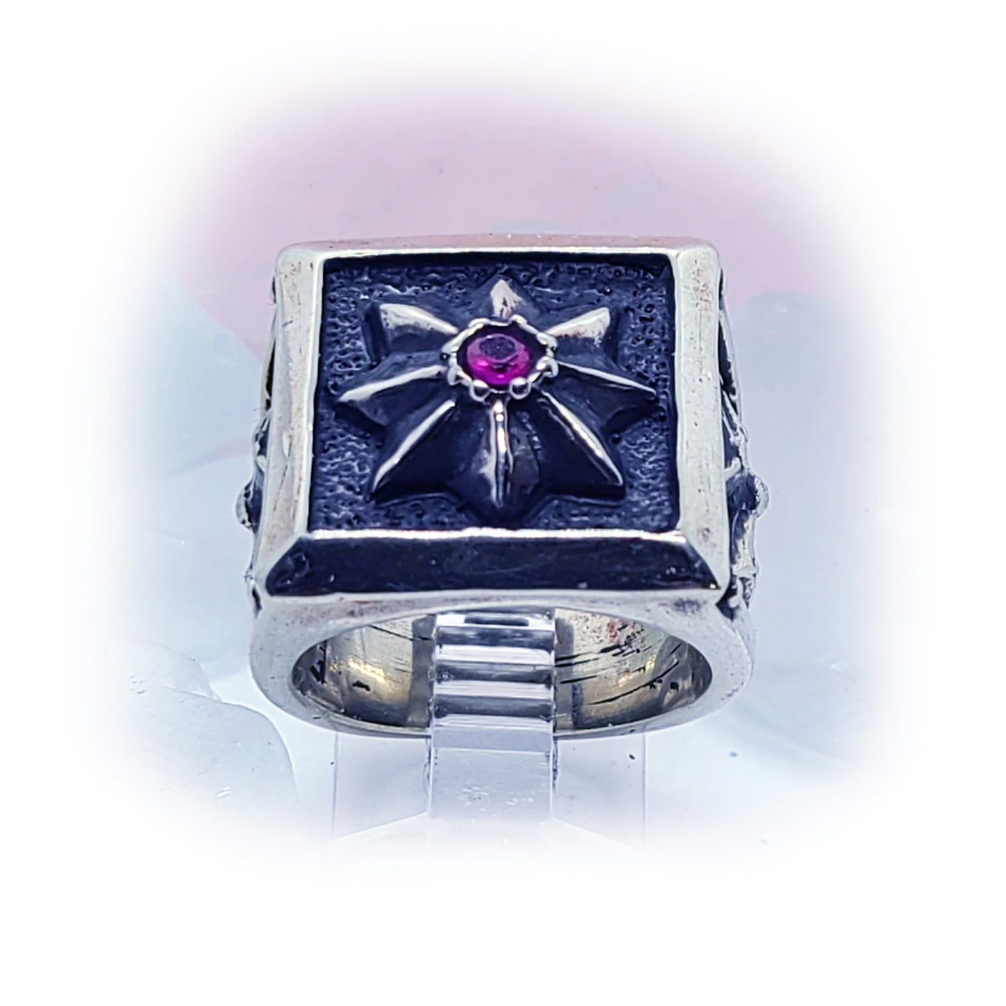 Eight - Winged Star With Cross and Ruby Stone Sterling Silver Ring