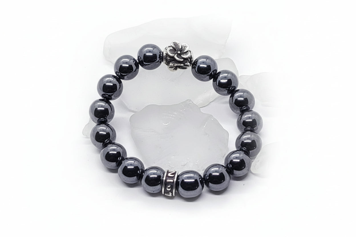 Violet Flower (February) Silver Bead with Hematite Beads Bracelet