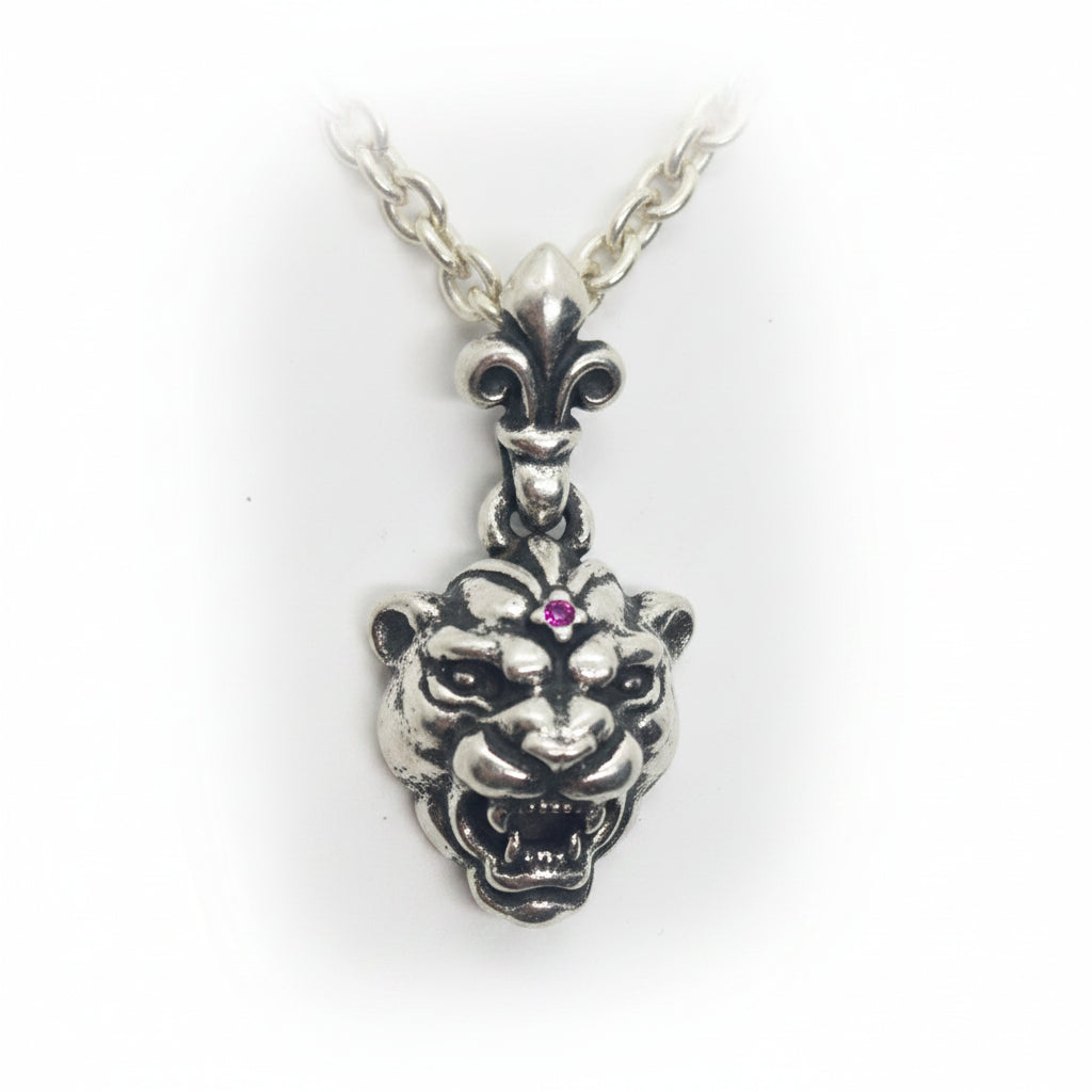 Female Lion Angry Head Sterling Silver Pendant with Ruby