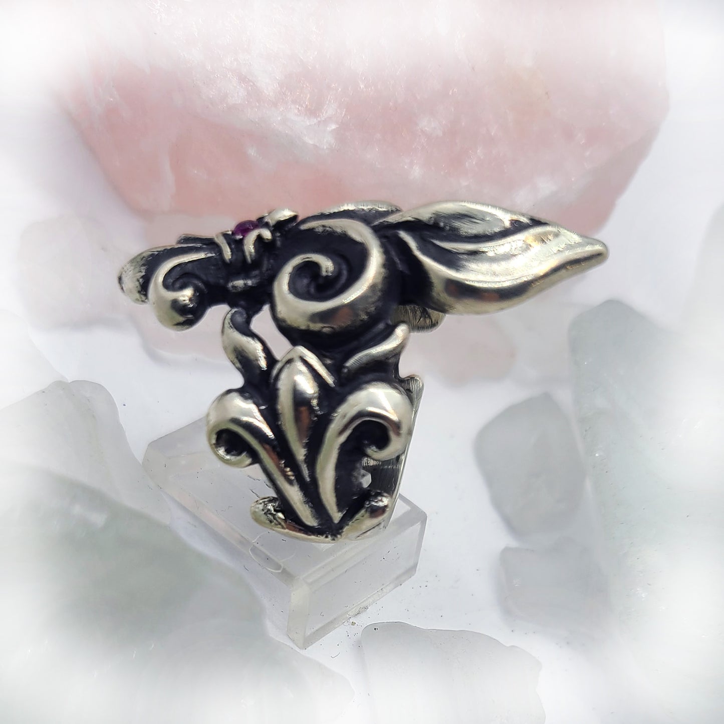 Unique Fleur De Lis Sterling Silver Ring with Ruby Stone