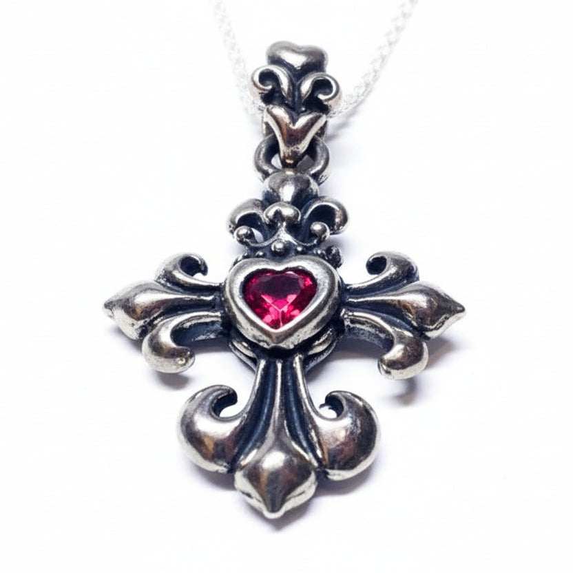 Heart Shape Red Stone in Cross Sterling Silver Pendant
