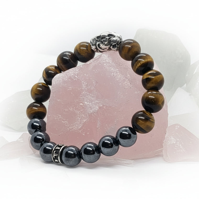 Jaguar Silver Bead with Tiger Eye and Hematite Stone Beads Bracelet