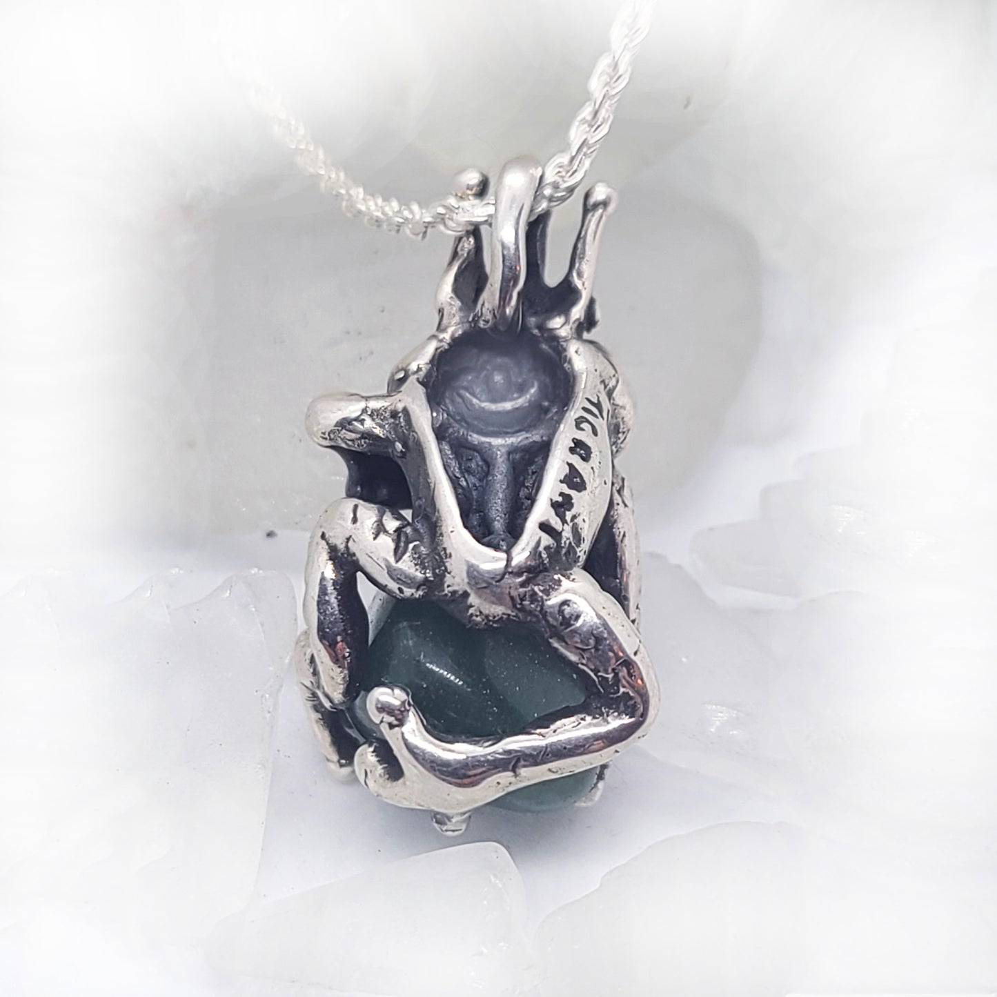 King Frog Sterling Silver Pendant With Natural Green Stone