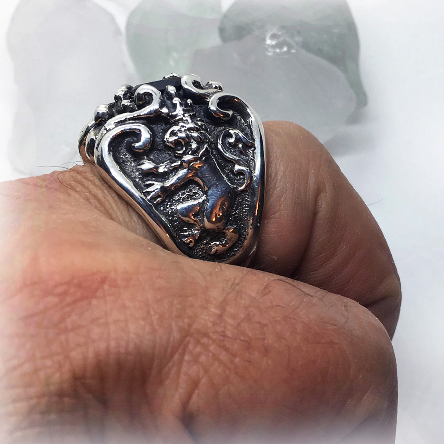 Lion and Eagle Sterling Silver Ring with Blue CZ Stone.