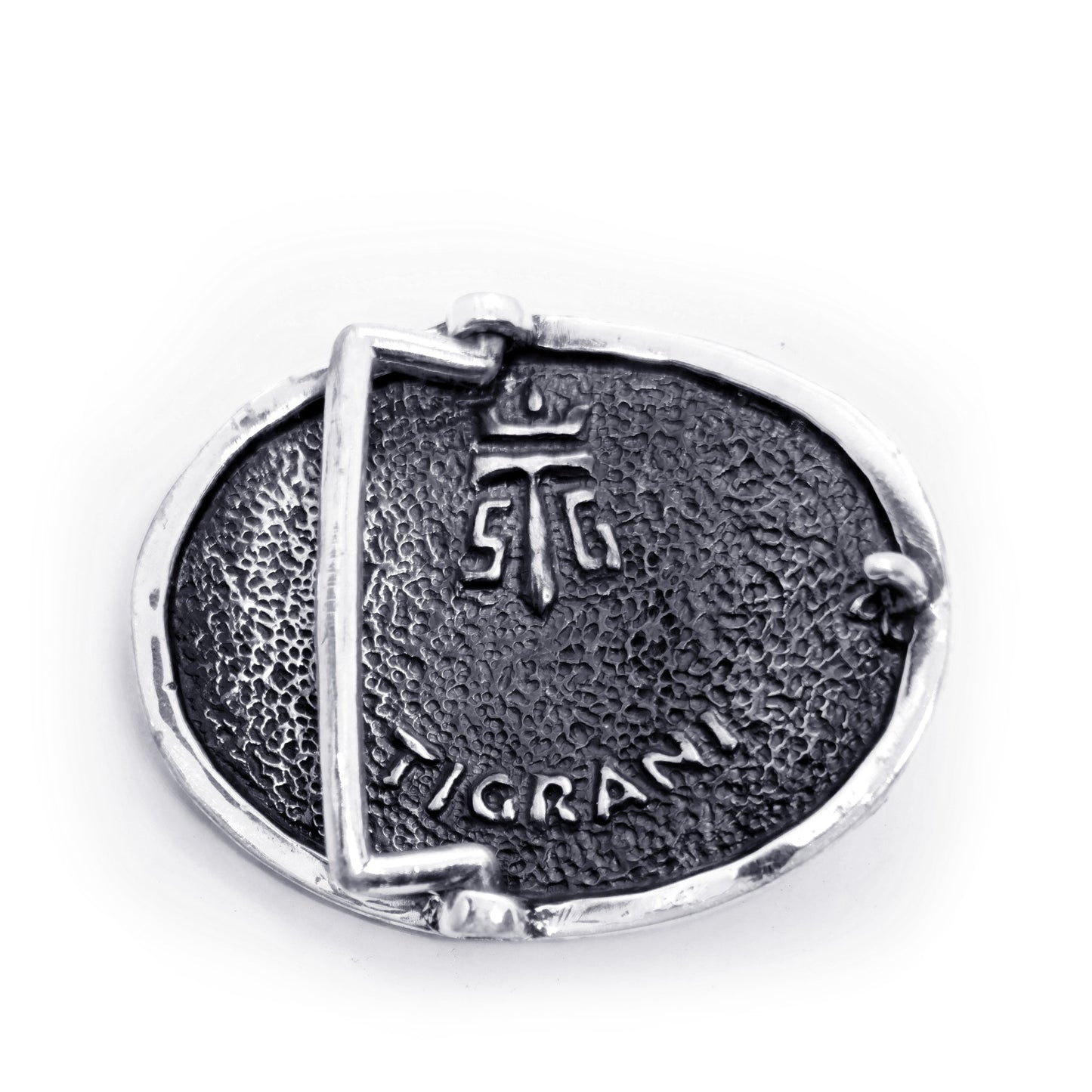 Tiger with Ancient Classic Design Oval Shape Sterling Silver Belt Buckle