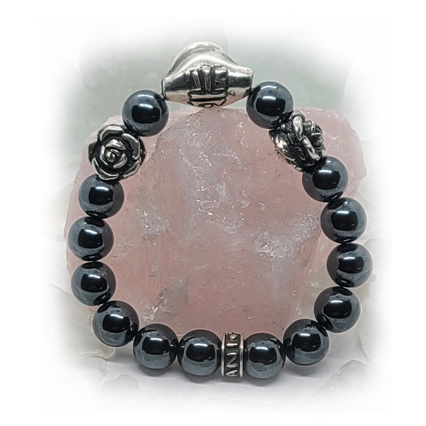 Loving Eye and Romantic Roses Silver Beads and Hematite Stone Beads Bracelet