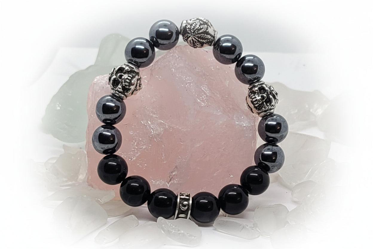Marijuana with Skulls Silver Beads with Hematite and Black Onyx Stones Beads Bracelet