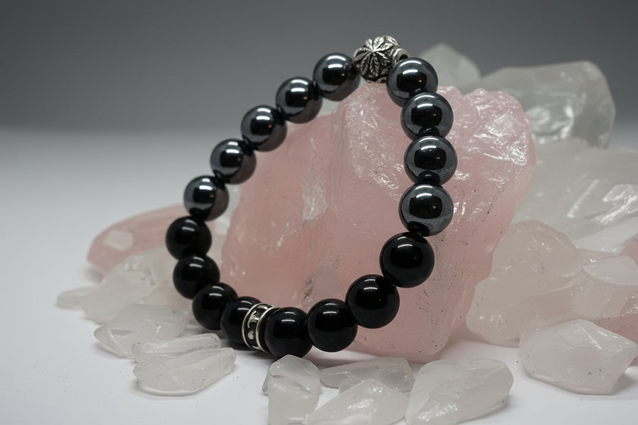 Marijuana Silver Bead with Hematite and Black Onyx Beads Bracelet