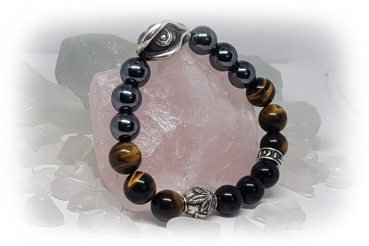 Loving Eye and Marijuana Silver Beads with Hematite and Tiger Eye and Black Onyx Stones Bracelet