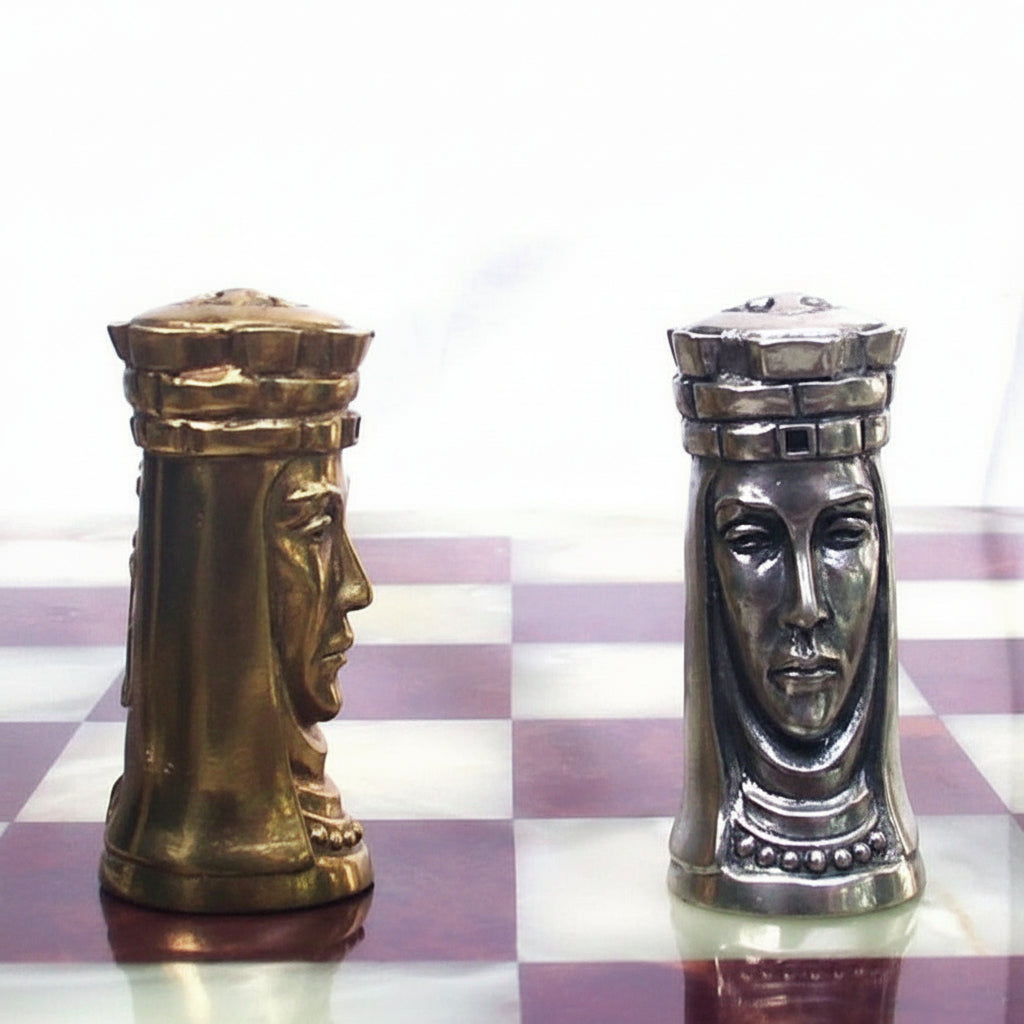 Old English Faces Sterling Silver & Bronze Chess Set 1