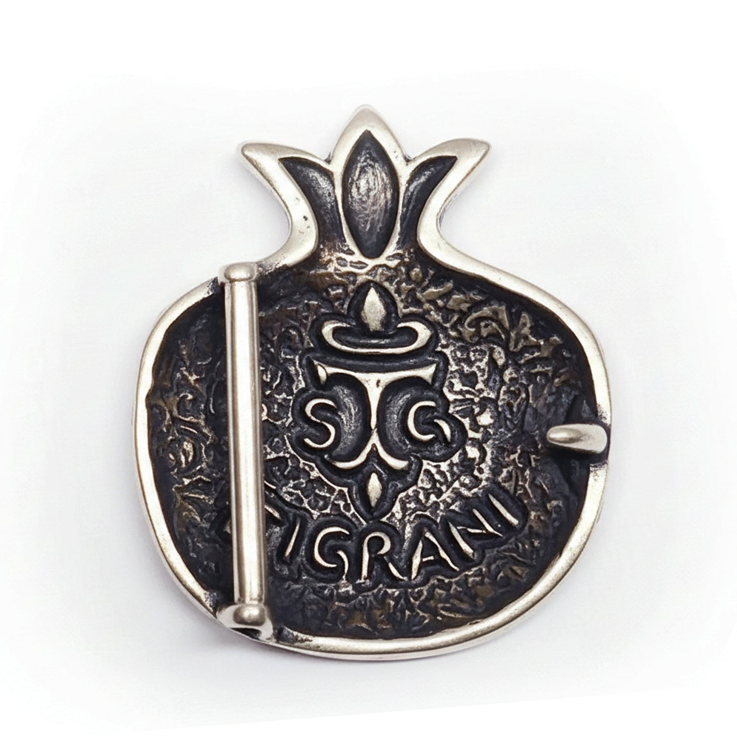 Pomegranate with Design and Red Stones Silver Belt Buckle