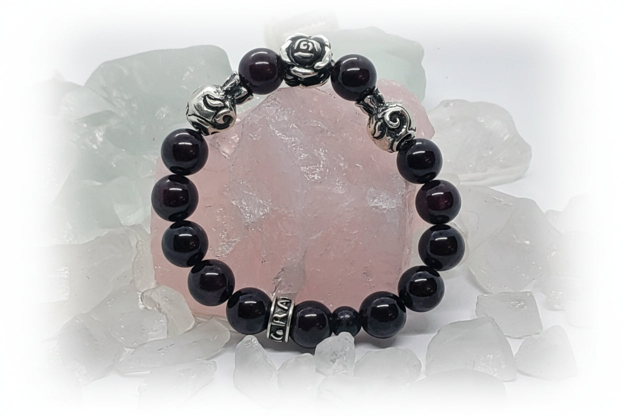 Rose and Pomegranates Silver Beads and Garnet Stone Beads Bracelet