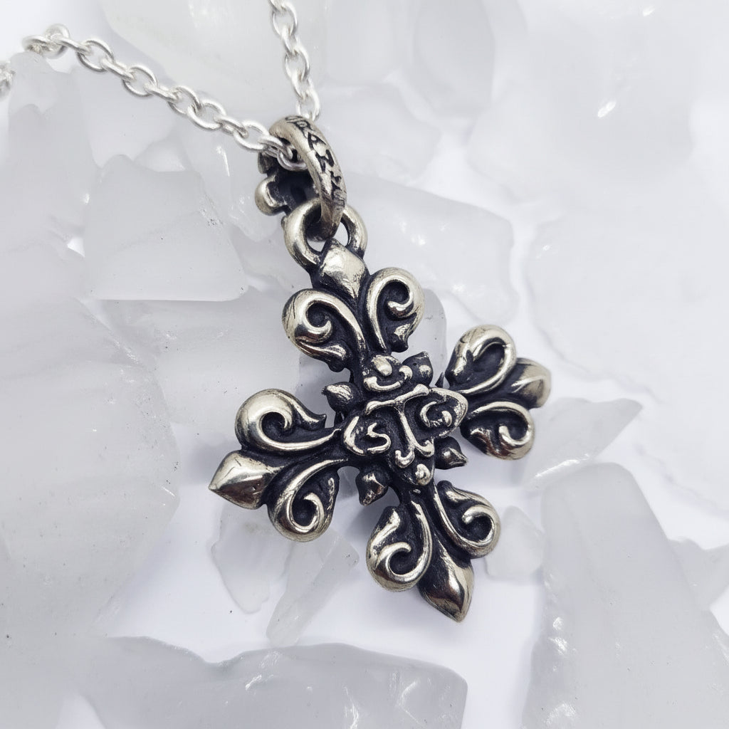 Fleur-de-lis Rose Cross with Ruby Sterling Silver Pendant