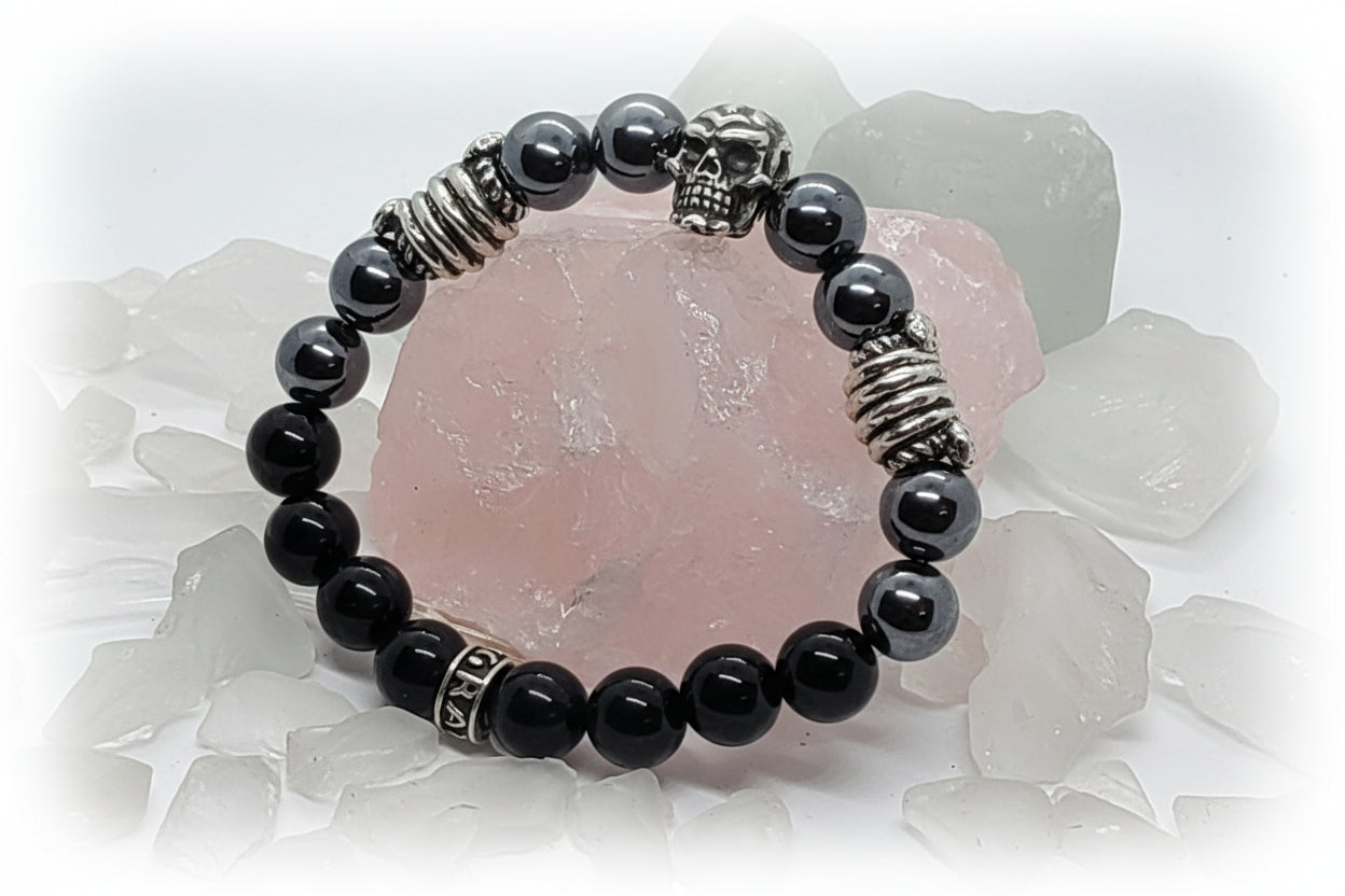 Skull and Double Wrapped Snakes Silver Beads with Hematite and Black Onyx Stone Beads Bracelet