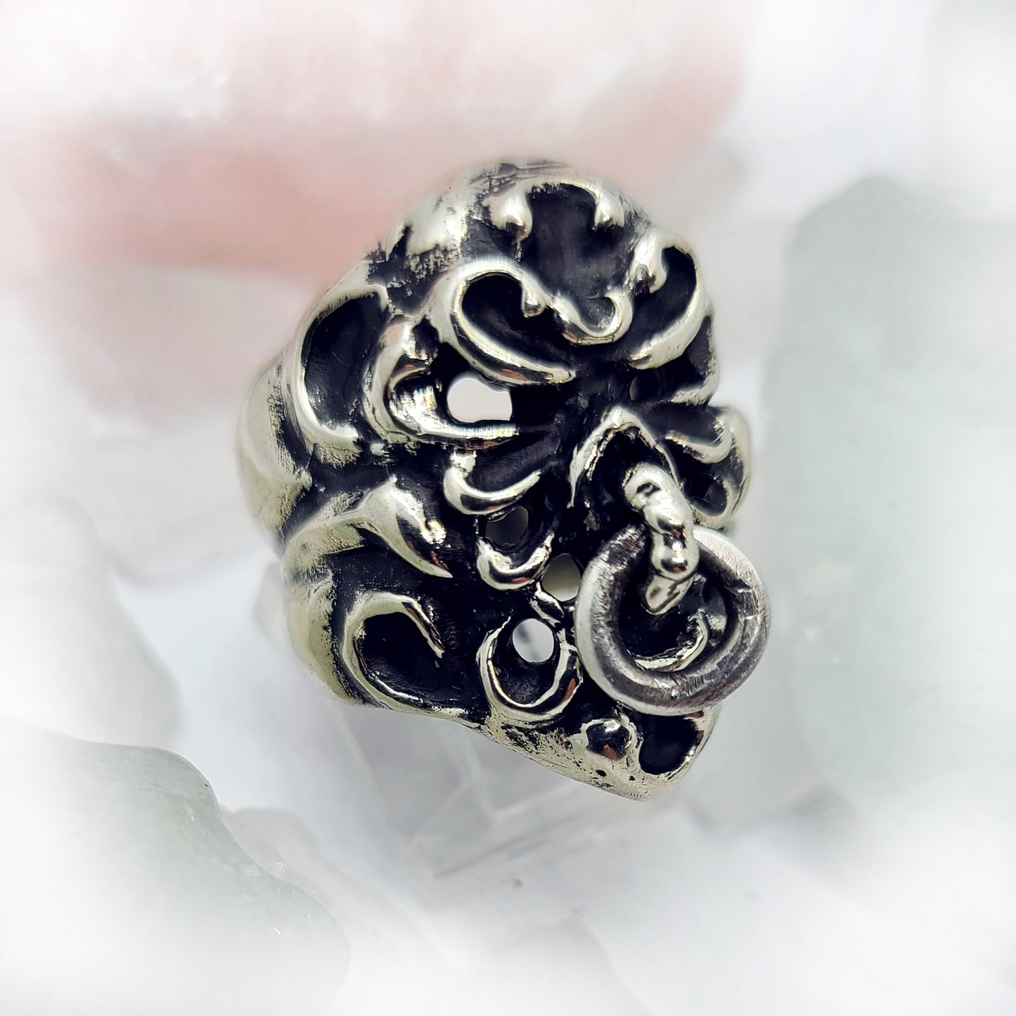 Tribal Skull with Nose Ring Sterling Silver Ring