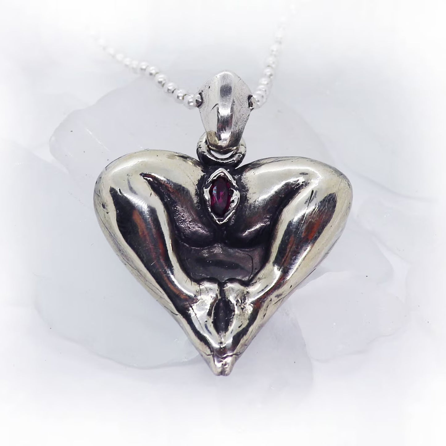 Vagina with Stone. Legs in Shape of an Heart Silver Pendant