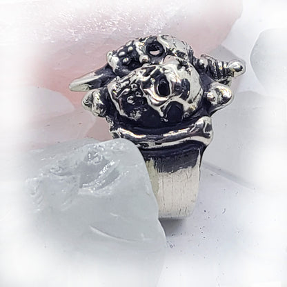 3 Skull Brothers Sterling Silver Ring with Sword