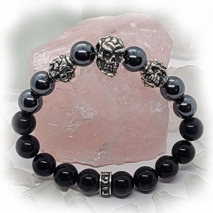 Skull and Double Skull Silver Beads with Hematite and Black Onyx Stone Beads Bracelet