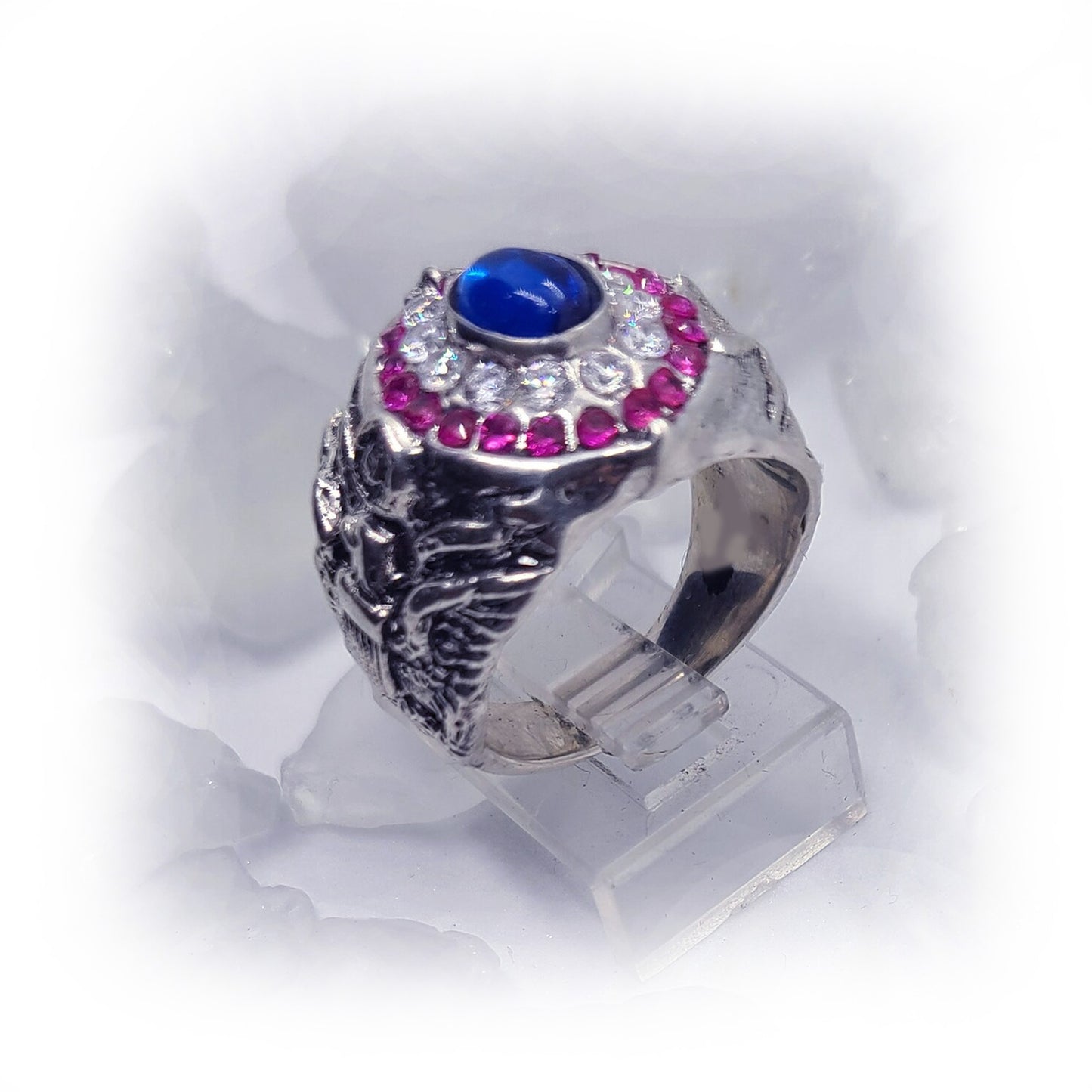 American Oval Shape Sterling Silver Ring with Flag Colors Stones