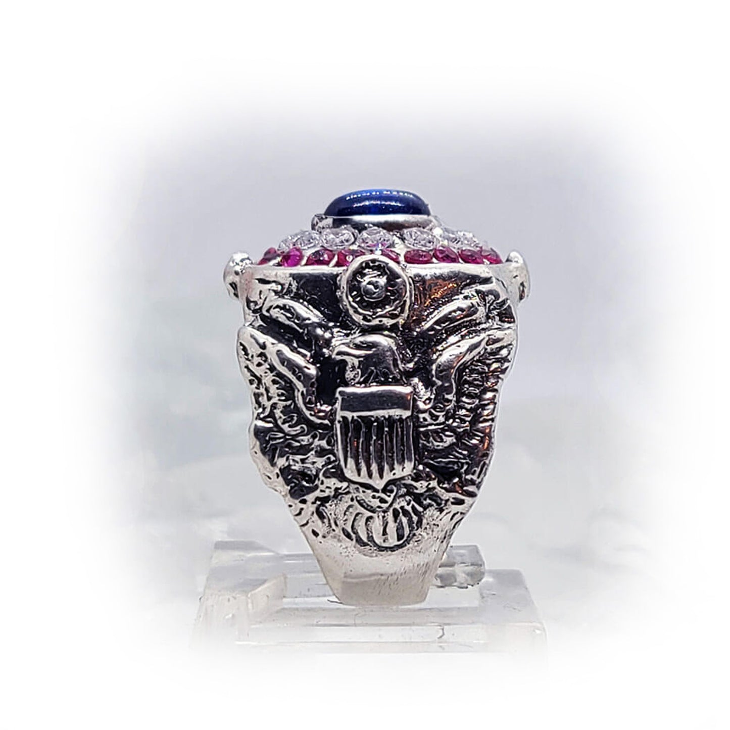 American Oval Shape Sterling Silver Ring with Flag Colors Stones