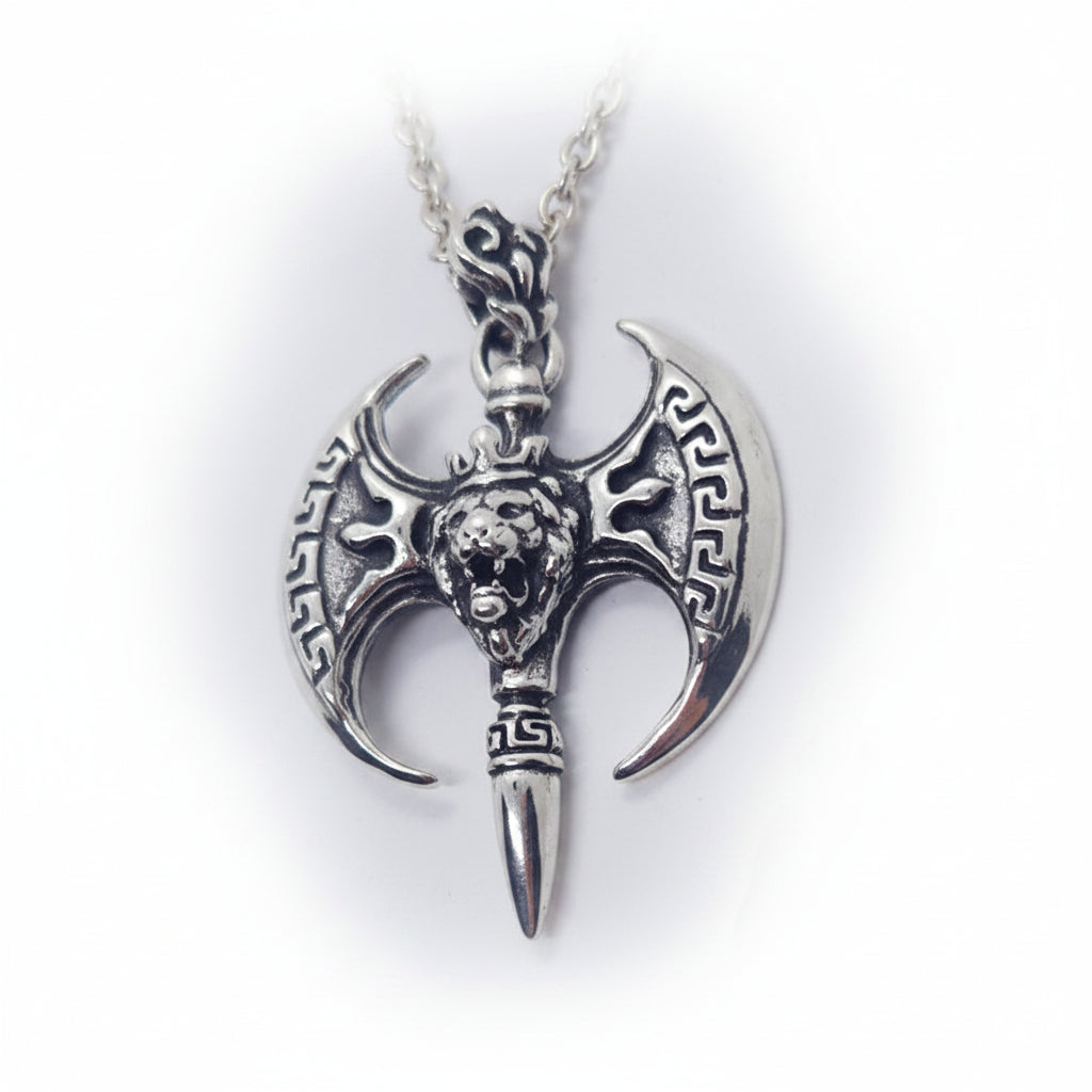 Ancient Battle Axe with Lion Head Sterling Silver Pendant