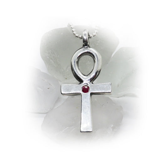 Ankh Egyptian Cross with Ruby Stone Silver Pendant