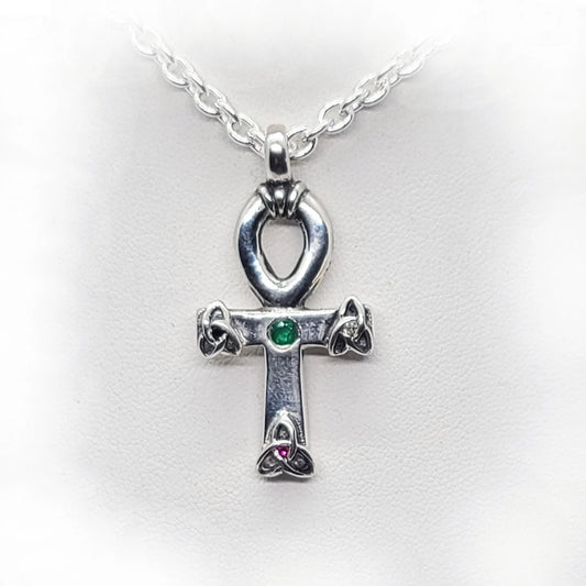 Ankh Egyptian Cross with Celtic Knot and Stones Silver