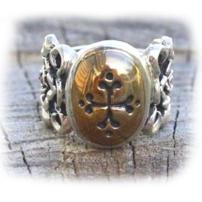 April Showers Silver and Bronze Gothic Cross with Ruby Stone Faith Ring