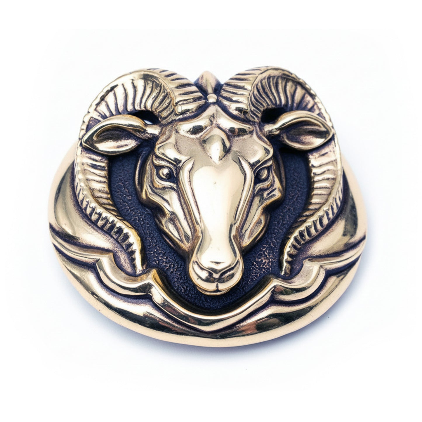 Aries Ram Head Brass Round Belt Buckle