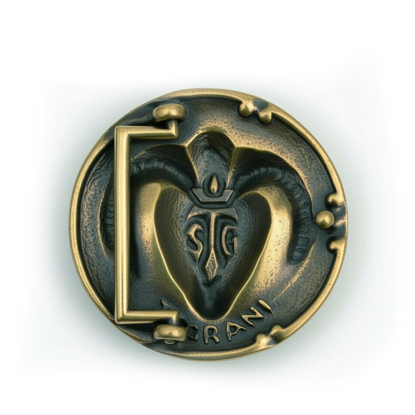 Aries Ram Head Brass Round Belt Buckle