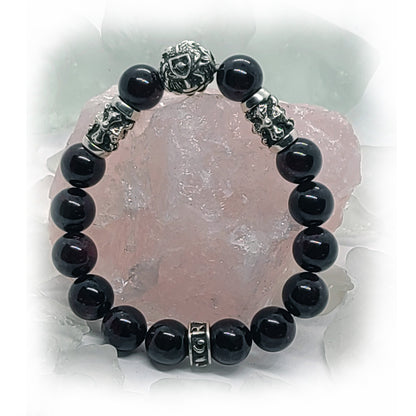 Armenian Coat of Arms and Two Crosses Silver Beads and Garnet Stone Beads Bracelet