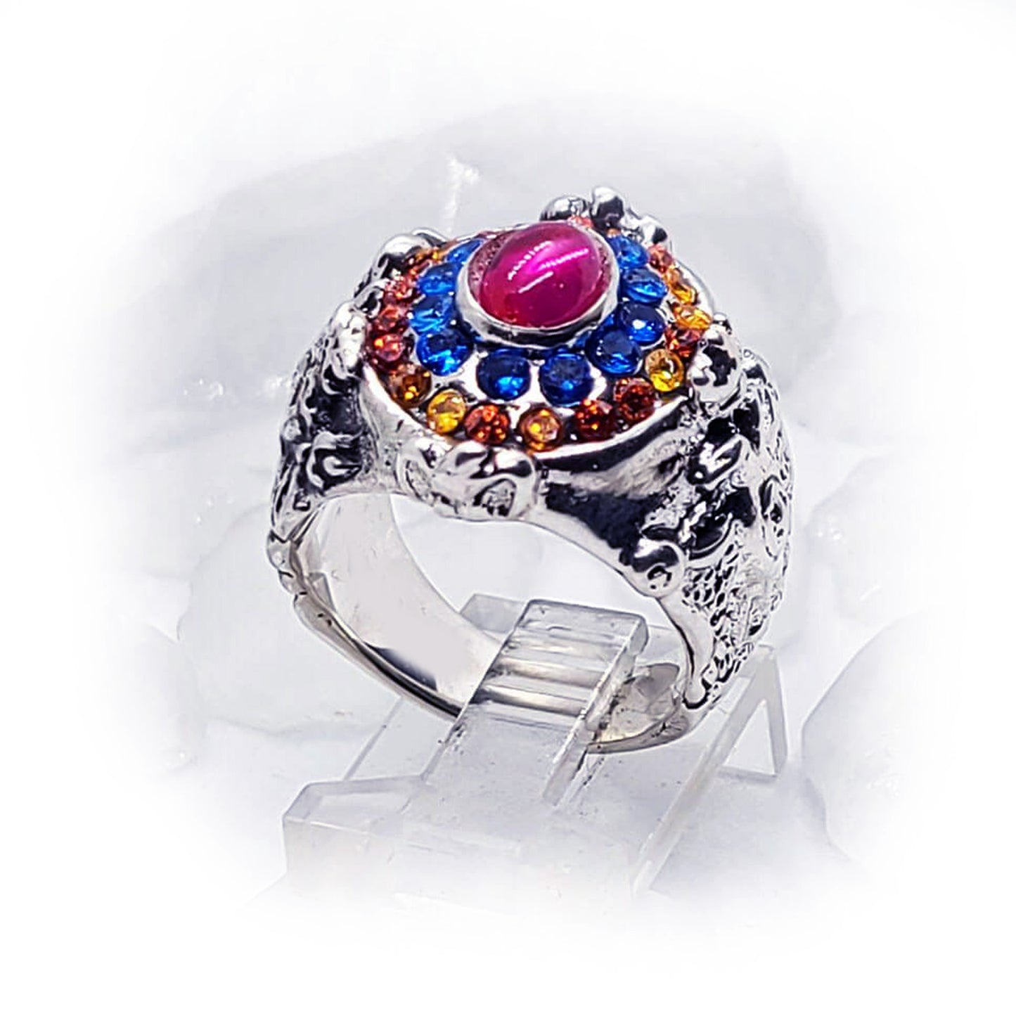 Armenian Oval Shape Sterling Silver Ring with Flag Colors Stones