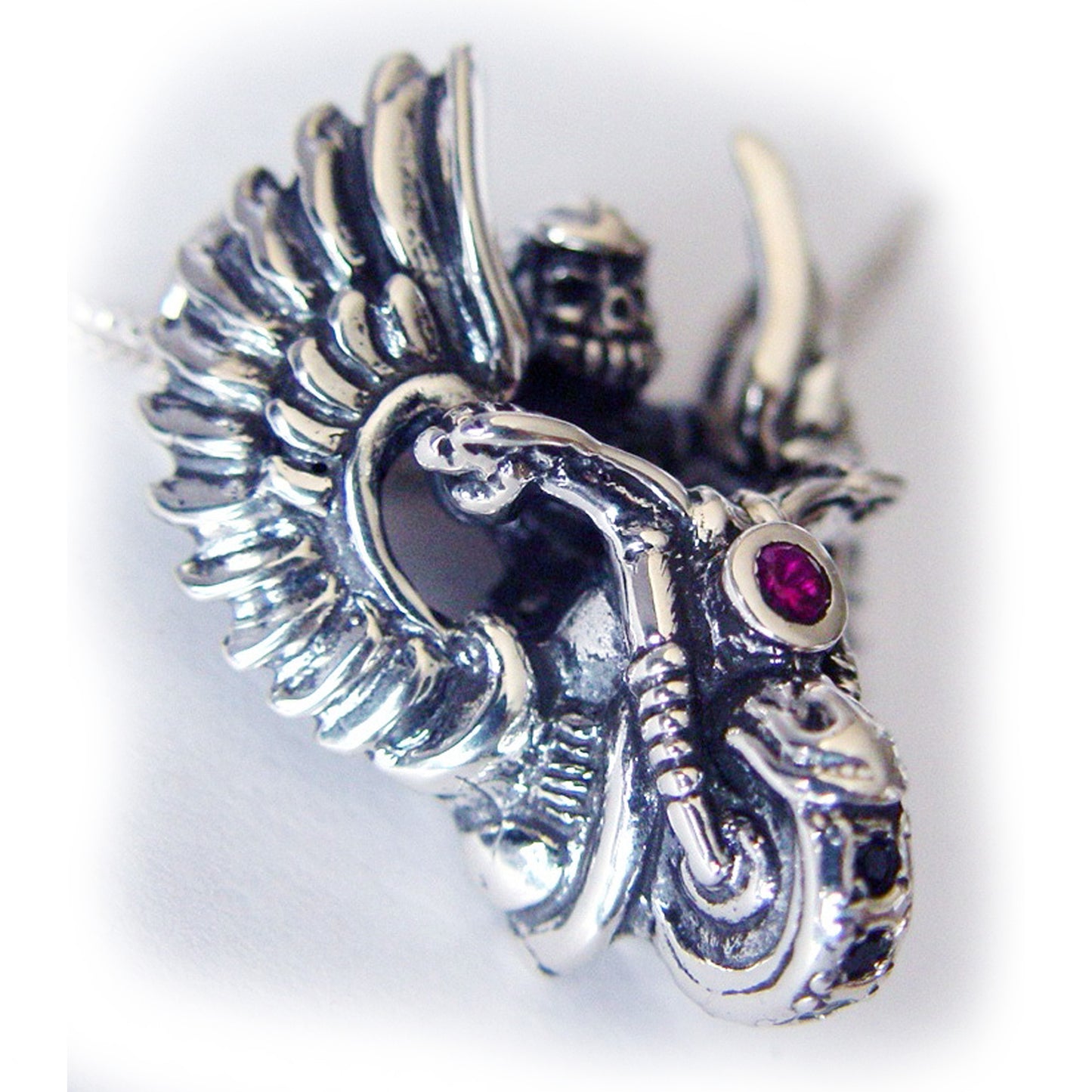 Biker Skull Oxidized Sterling Silver Necklace with Ruby and Black Onyx