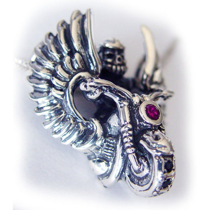 Biker Skull Oxidized Sterling Silver Necklace with Ruby and Black Onyx