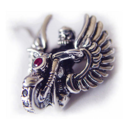 Biker Skull Oxidized Sterling Silver Necklace with Ruby and Black Onyx
