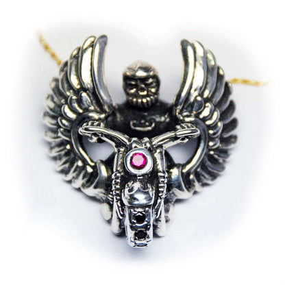 Biker Skull Oxidized Sterling Silver Necklace with Ruby and Black Onyx