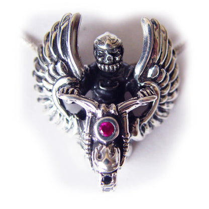 Biker Skull Oxidized Sterling Silver Necklace with Ruby and Black Onyx