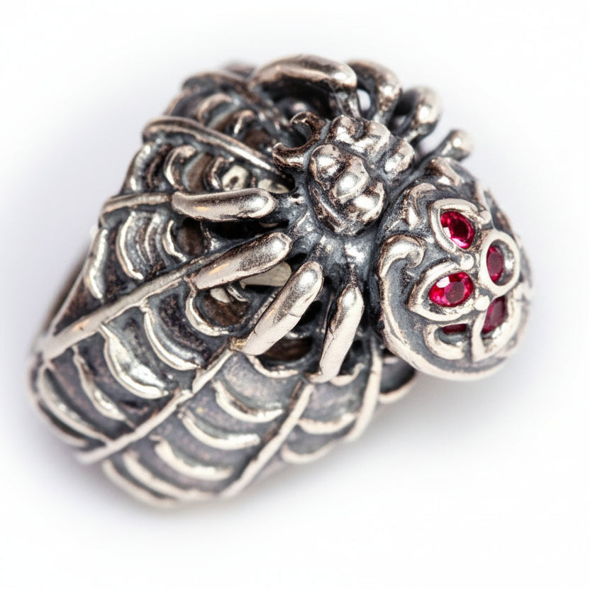 Black Widow Sterling Silver Ring with Red CZ oval Stone