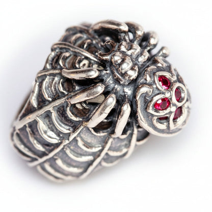 Black Widow Sterling Silver Ring with Red CZ oval Stone