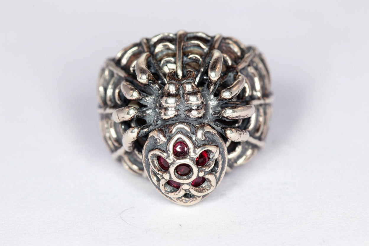 Black Widow Sterling Silver Ring with Red CZ oval Stone