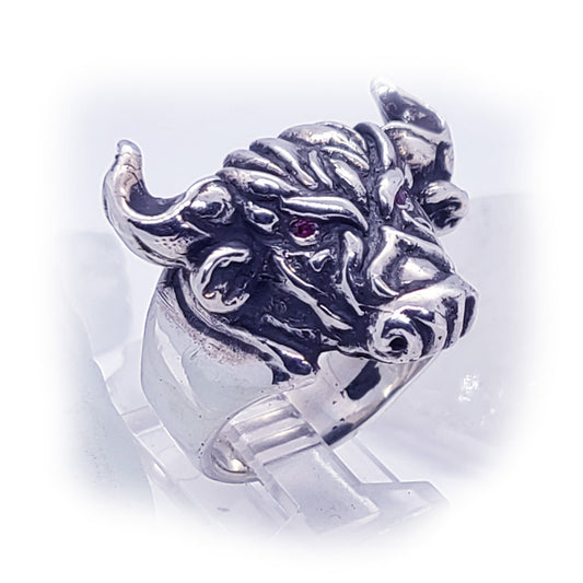 Tribal Raging Bull with Ruby Stones Sterling Silver Ring