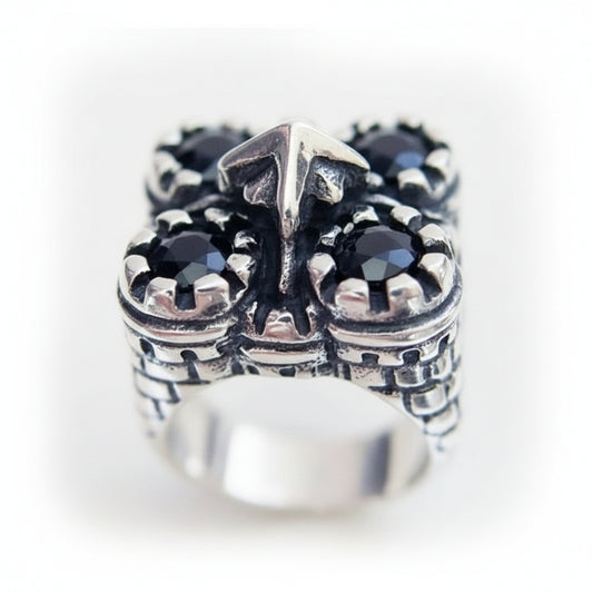 Castle Sterling Silver Ring with Black Onyx Stones
